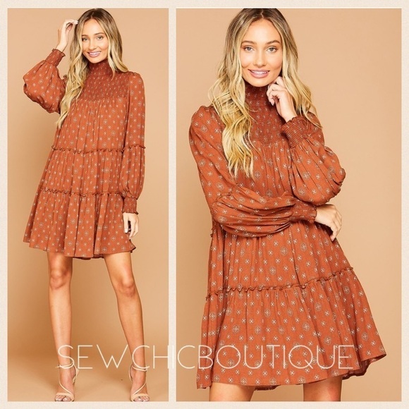 Rust Mock Neck Dress w/ Smocking Detail - Picture 1 of 5